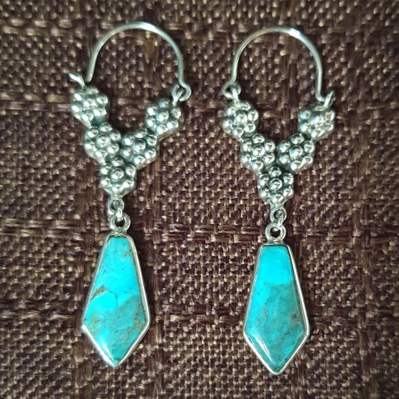 2'' Vintage Southwestern Genuine Turquoise 925 Sterling Silver Dangle Earrings - Picture 10 of 11